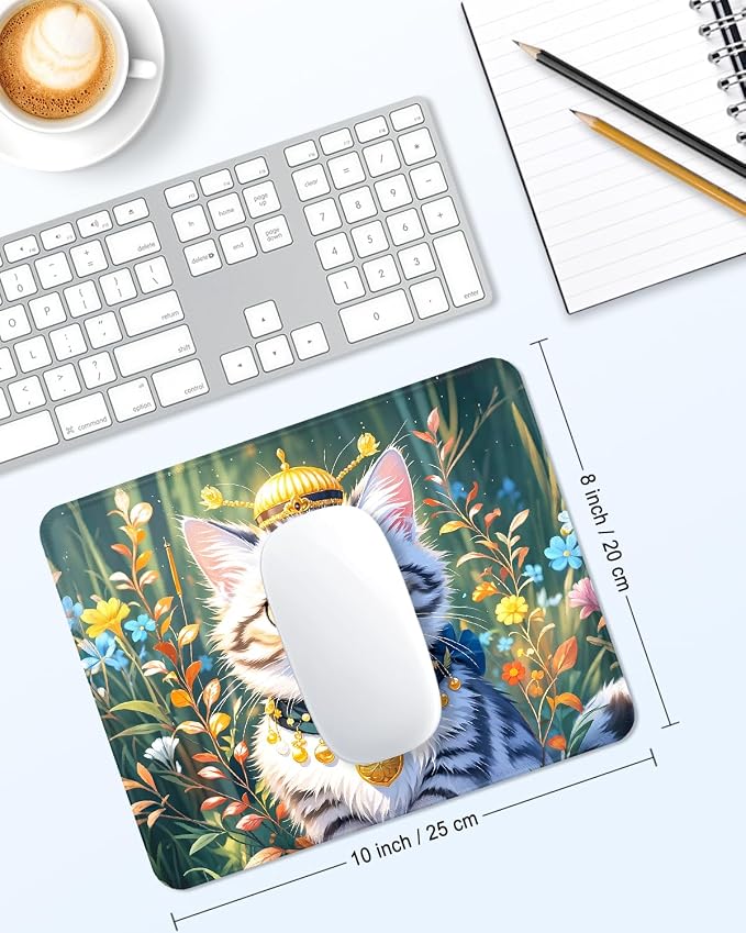 Mouse Pad, Cute Mouse Mat, 10" x 8", King Cat | Square Waterproof Gaming Computer Mat, Textured Top, Stitched Edges, Non-Slip Rubber Base for Office Home Laptop Keyboard