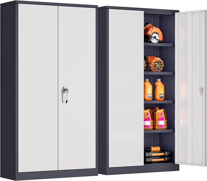 Metal Storage Cabinet for Garage,72" Lockable Storage Cabinets with Doors and Adjustable Shelves,Steel Locking Cabinet for Garage,Office,Home,Gym,School (White Grey)