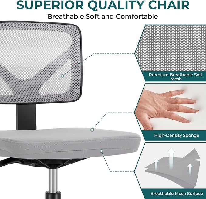 DUMOS Armless Desk Chairs, Small Home Office Mesh Chairs | Ergonomic Adjustable Mid Back, Swivel Rolling Task, Computer Work Vanity Small Spaces, New Grey
