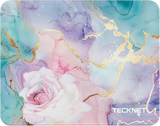 TECKNET Mouse Pad with Anti-fray Stitching, Waterproof Surface & Non-Slip Rubber Base with Stitched Edges Gaming Mouse Mat for Laptop，Compatible with Laser and Optical Mice - Rose Marble