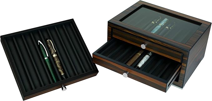 Stackable Wooden Display Case with Drawer – Slot Ebony Pen Cabinet, Luxury Fountain Pen Storage Box with Glass Window for Collection (4)