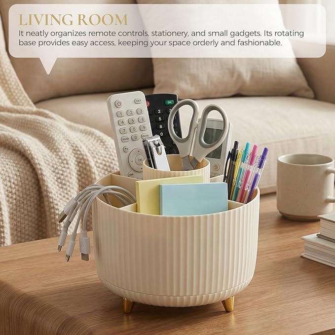 Pencil Pen Holder for Desk, 5 Slots 360 - Degree Rotating Desktop Organizer, Cute Desk Organizers and Accessories for School, Home, Office and Art Supply, Beige