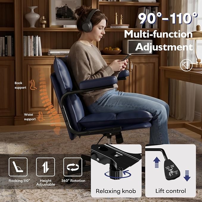 Mid Century Modern Desk Chair, Vintage Leather Office Chair, Blue | Petite Computer Chair for Small to Medium Women, Thickened Back, Cozy Seat, Adjustable Height for Home