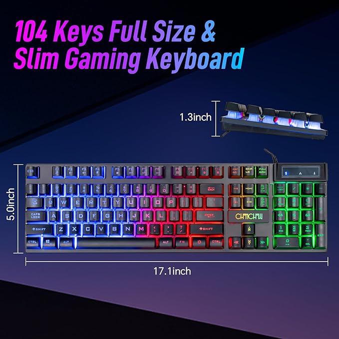 CHONCHOW Wired Gaming Keyboard, 104 Keys Full Size, with Anti-Ghosting and Multimedia Keys, LED Backlit Light Up Keyboard for PC Mac Laptop Desktop, Gaming or Office