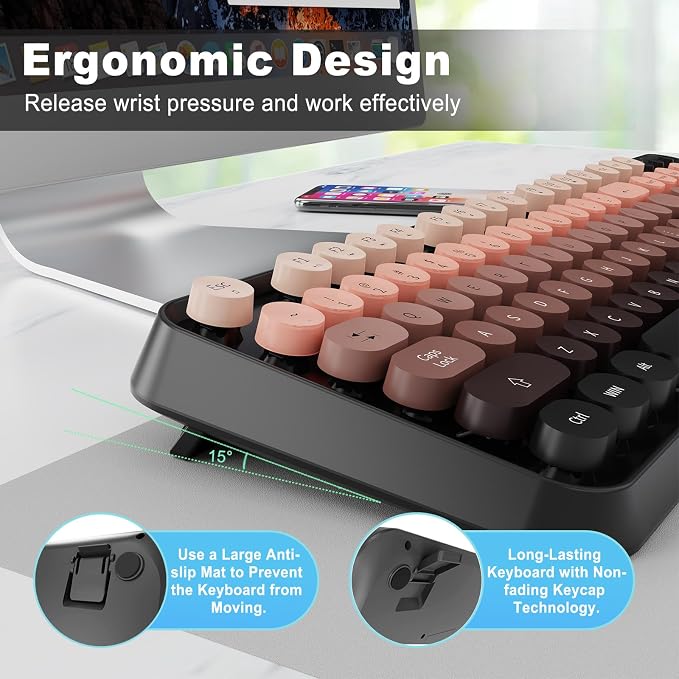 Wireless Keyboard and Mouse Combo, Retro Typewriter Style Keyboard with Round Keys, 2.4G Wireless Cute Keyboard and Mouse Set for PC, Laptop and Desktop-Black and Rose Gold