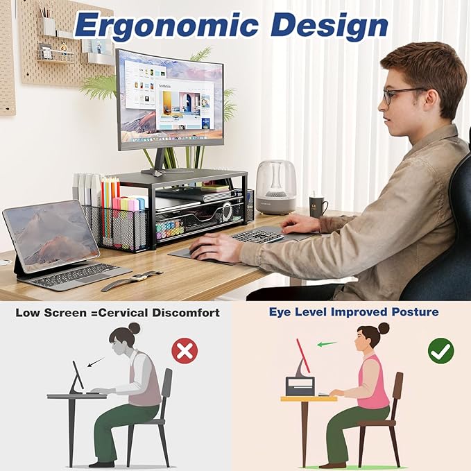 Desk Organizer and Accessories, 2-Tier Computer Monitor Stand Riser with Drawer and 2 Pen Holders, Laptop Stand, Office Desk Accessories for Office Supplies, 2 Pack, Black