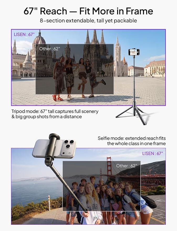 LISEN 67" Selfie Stick Tripod with Remote for Content Creators | Content creator essentials: 67" phone tripod with remote for iPhone & Android, 0.01s auto-open vlog/live stream/video kit