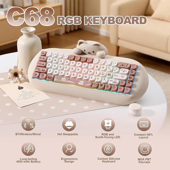 YUNZII C68 Wireless Mechanical Keyboard,65% Layout,Hot Swap,Triple Mode BT5.0/2.4G/Wired, RGB Backlit NKRO,Cute Cat Silicone Ergonomic Design for Win/Mac (Brown, Milk Switch) | Wireless Triple Mode BT5.0/2.4G/Wired, RGB Backlit NKRO, Cute Cat Silicone ...