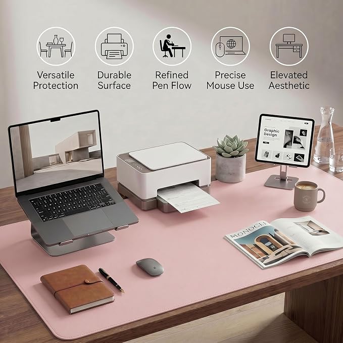 Large Desk Pad Non-Slip Desk Mat Protector for Keyboard Mouse Waterproof Vegan Leather Surface Faux Leather Laptop Mat Smooth Mouse Pad Premium Gift Tube Sakura Pink 55" x 23"
