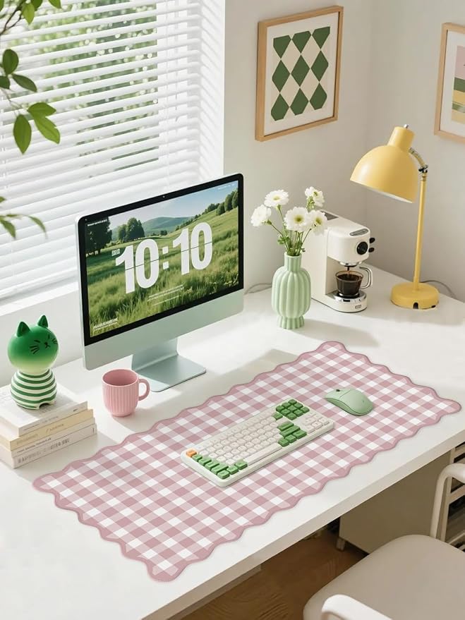Scalloped‌ Pink Checkered Gingham Desk Mat Cute Pastel Large Mouse Pad Kawaii Cottagecore ‌Vintage‌ Girly Laptop Keyboard Computer Mat Pad Aesthetic Cozy Office Desk Decor for Women