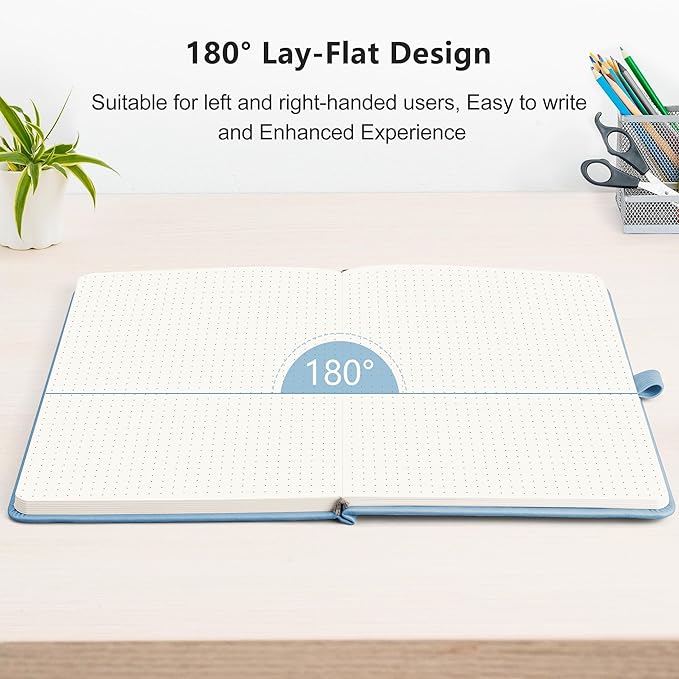 RETTACY Dotted Journal Notebook, 192 Pages, A5 Medium Size (5.7'' x 8.3''), Leather Hardcover, 100 GSM Thick Paper, for Journaling, Planning, Tracking (Light Blue)