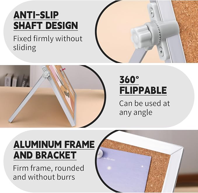 11.81"×15.74" Double Sided Cork Bulletin Board Aluminum Border Stand | Equipped with Stable Desktop Stand for Home Office Direct Placement to Display Messages, Photos, Notes, Reminders