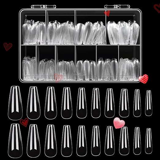 Beetles Acrylic Nails Kit 500Pcs Long Coffin Pre-Shaped Clear Full Cover Soft False Nails, Nail Tips Soak Off Easy Nail Extension Set for DIY Nails Art Home Gift for Women