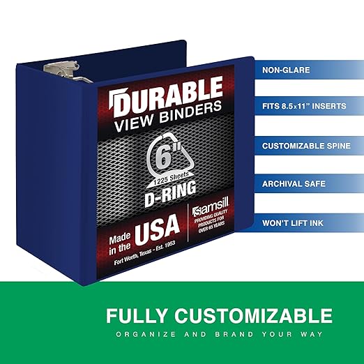 Samsill Durable 6 Inch Binder, Locking D Ring Binder, Customizable Clear View Cover, Dark Blue, Holds 1225 Pages