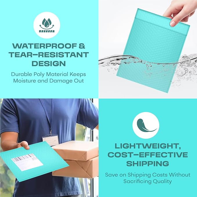 Teal Bubble Mailers 6x10, Self Seal Poly Padded Envelopes #0, 500 Pack | Fits Cards, CDs & Small Items,No Tape Needed,Cushioned Protection,Water-Resistant Poly,Bulk Pack for Small Business