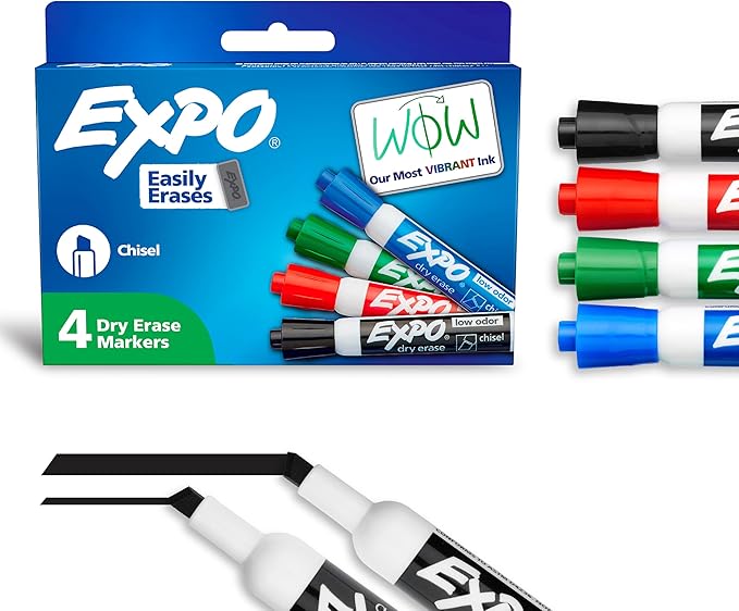 EXPO Dry Erase Markers, Low Odor Ink, Assorted Colors, Chisel Tip, 4 Count - Whiteboard, Calendar, Organization, Essential Supplies for Office, School, Classroom, Teachers