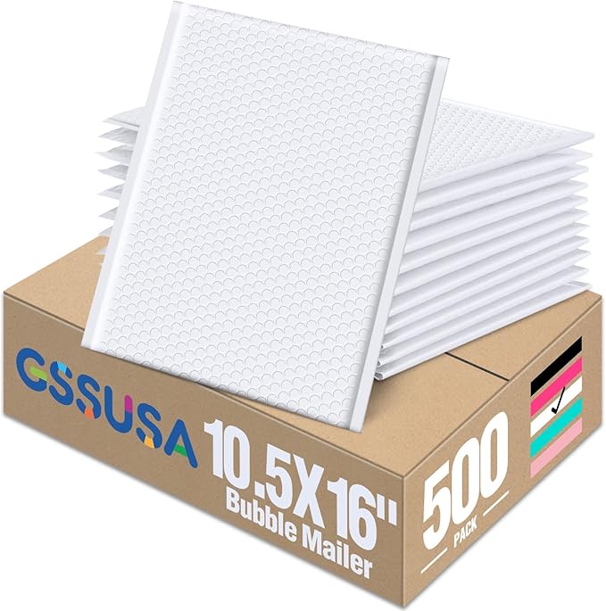 GSSUSA Large Bubble Mailers 10.5x16 Inch 500 Pack White Padded Envelopes, Strong Adhesion Padded Mailer Self-Seal Bubble Envelopes for Mailing Clothes,Magazines