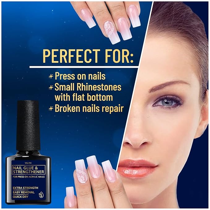 Valitic Strong Nail Glue and Strengthener for Acrylic and Press On Nails - Quick Dry Brush On Gel for Long Lasting Effect - Adhesive Nail Bond for False Nails with Tips Strengthener - 3 Pack