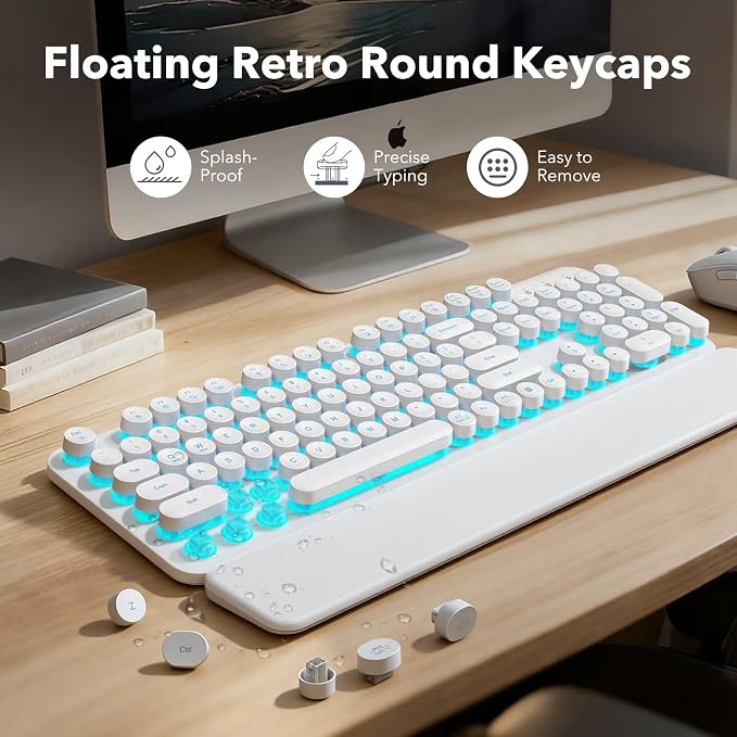 Wireless Keyboard and Mouse Combo, Backlit Round Keycaps, Retro Typewriter Keyboard with Detachable Wrist Rest, Rechargeable & Tilt Legs, 2.4GHz Cordless Connection for Windows/PC (Glowing White)