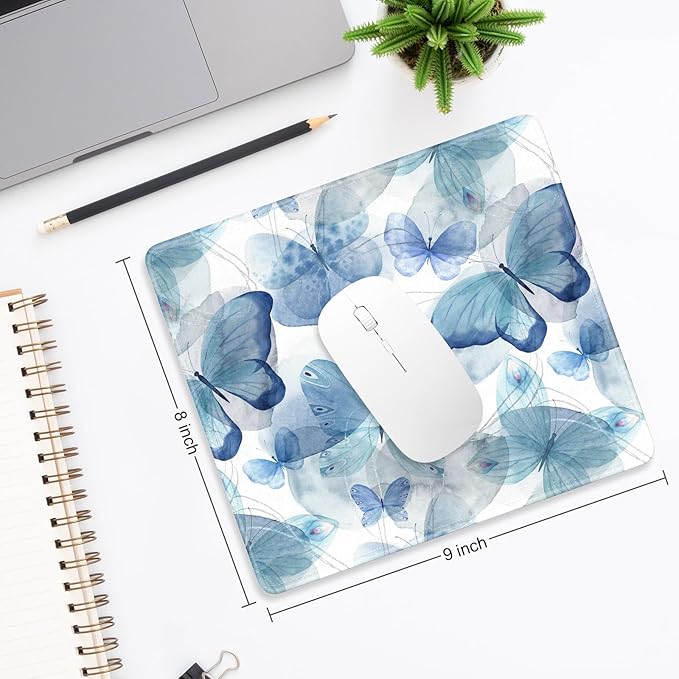 Mouse Pad, Minimalism Marble Style Computer Pad, Anti-Slip Rubber Mouse Mat with Stitched Edges for Gaming, Office, Laptop, PC, Women, 9" x 8" Thick 3 mm, Blue Butterfly