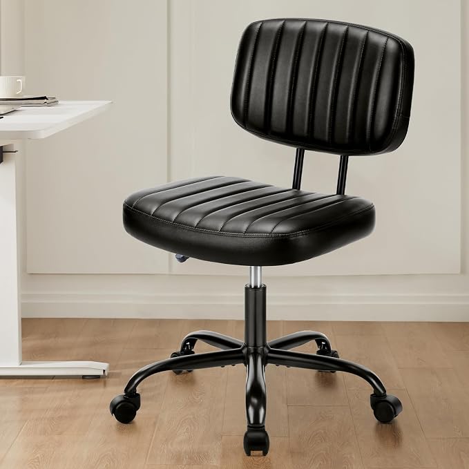 Sweetcrispy Office Desk Chair, Small Home Vanity Chair, Lumbar Support | Armless PU Leather, Height Adjustable Rolling Swivel Task, Bedroom Home Student, Black