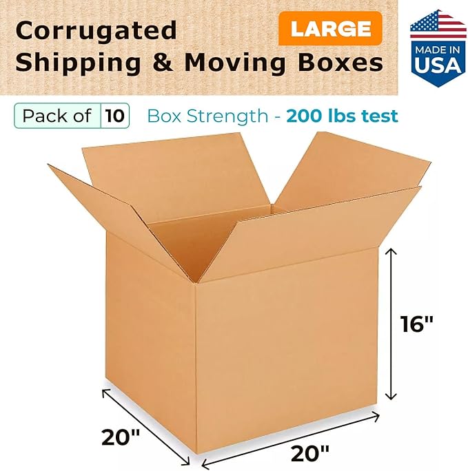 Extra Large Shipping & Moving Boxes 20x20x16 inches (10-Pack) - Extra Strength 200 lb vs Regular - USA-Made Corrugated Shipping Boxes - Large Packing Box for Moving - Heavy Duty Box by IDL Packaging