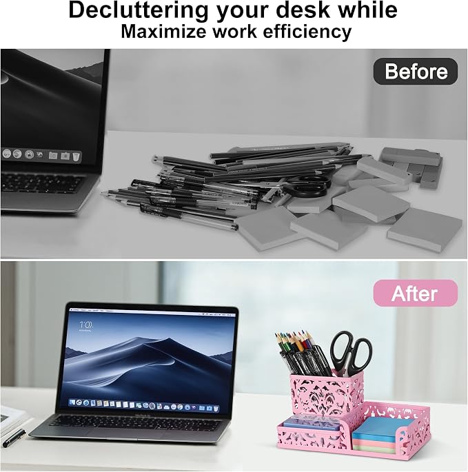 EasyPAG Desk Organizer 3 Compartment Pen Holder for Desk Office Supplies Caddy with Sticky Notes Holder for School Home, Pink