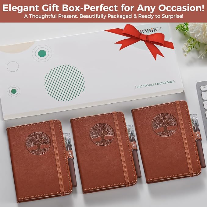 3 Pack Pocket Journal Notebooks, A6 Small Mini Notepad with Pens, 3.7" x 5.7" Leather Hardcover Note Book for Women/Men Work, 400 Pages 100GSM Lined Paper, Brown