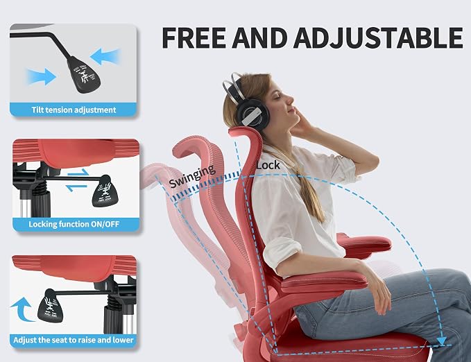 TRALT Office Chair Ergonomic Desk Chair - Gaming Chair with Lumbar Support | 330 LBS Home Office Desk Chairs , Reading Chair with Flip-up Armrests, Comfortable Computer Chairs (1, RED)