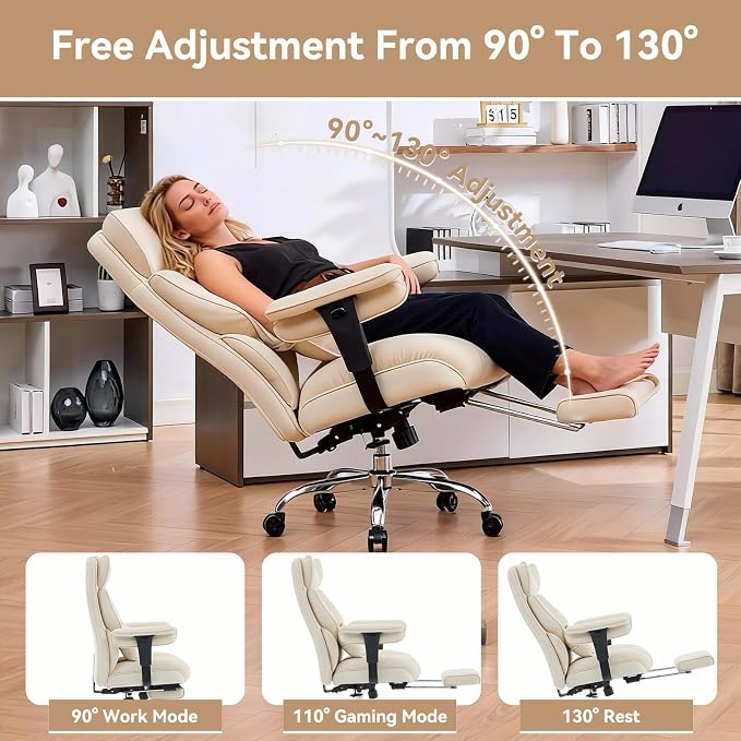 Efomao Executive Office Chair, Beige Fabric Big and Tall Desk Chair | Breathable fabric, pocket spring & foam seat, retractable footrest, 135° recline for computer gaming setup