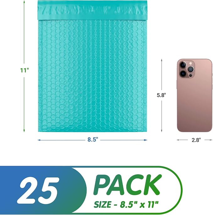Poly Bubble Mailers, 8.5 x 11 Inch Teal Padded Mailers, Self Seal Shipping Envelopes, Lightweight Poly Mailer Bags, Waterproof Mailing Bags, Pack of 25