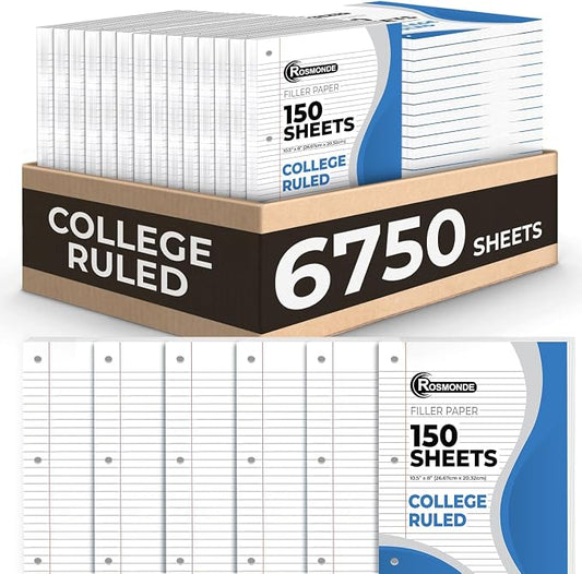 Loose Leaf Paper Bulk, 6750 Sheets, 45 Pack, College Ruled Paper | Bulk Notebook Paper, 8" x 10.5", 150 Sheets/Pack, Bulk Office Filler Paper, 3 Hole Punched, College Ruled Paper For Binder