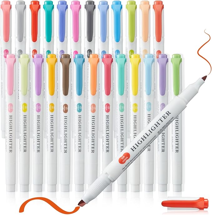 25Pcs Real Mild Highlighters, Pastel Highlighter Assorted Colors Markers Dual Tip Highlighter Markers Chisel and Fine Tips for Coloring, Underlining, Highlighting