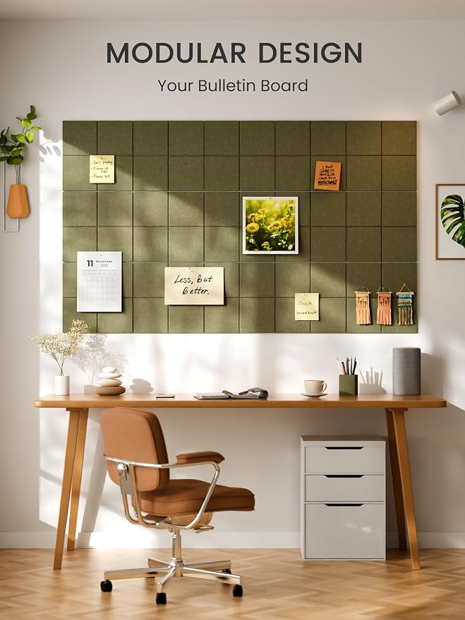 Bumusty 48" x 36" Large Cork Board Alternative, Olive Green | 12-Pack Felt Bulletin Board Tiles, 60 Adhesive Tabs, 30 Pushpins, Home, Office, Classroom, Vision Board