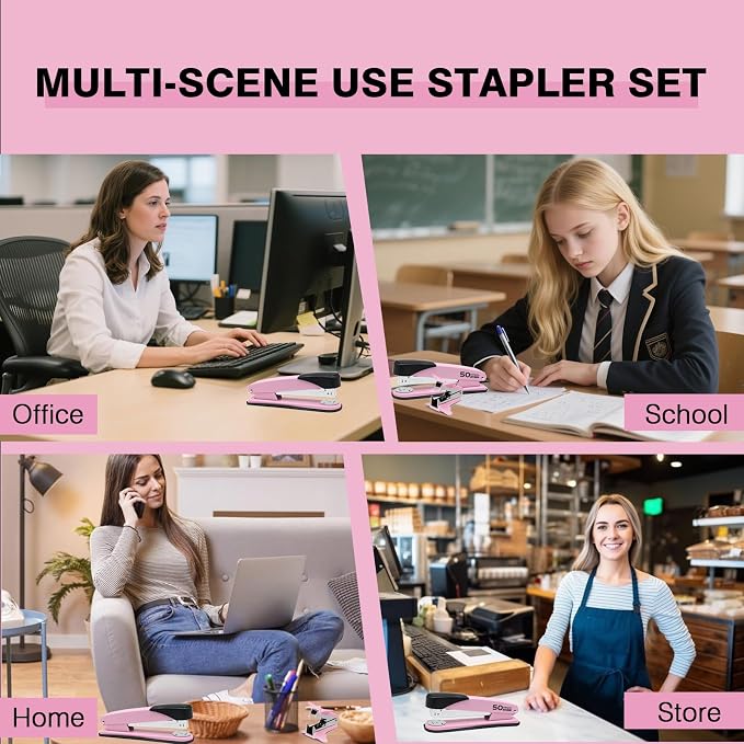 Pink Stapler Heavy Duty, Staplers for Desk, 2000 Staples, Staple Remover | 50 Sheet Capacity No Jam Metal Stapler, Non-Slip Heavy Duty Stapler, Pink Office Supplies for Teacher, Office Clerks