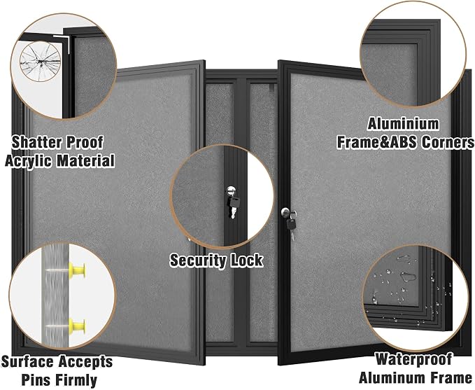 Mifuro 48"x30" Enclosed Bulletin Board, Outdoor Lockable Weather-Resistant Aluminum Cork Noticeboard for School & Office, Black Frame w/Grey Flet