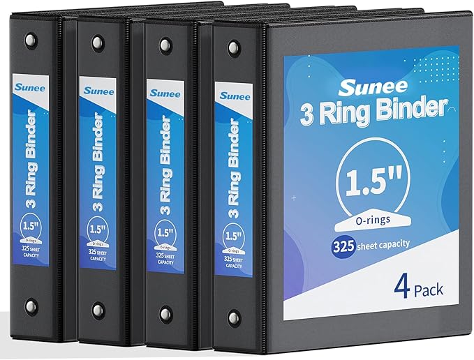 SUNEE 1.5 Inch Binders 3 Ring 4 Pack, PVC-Free Clear View 1 1/2 Inch Binders (Fits 8.5x11 Inches) for School, Office & Home Use, Black