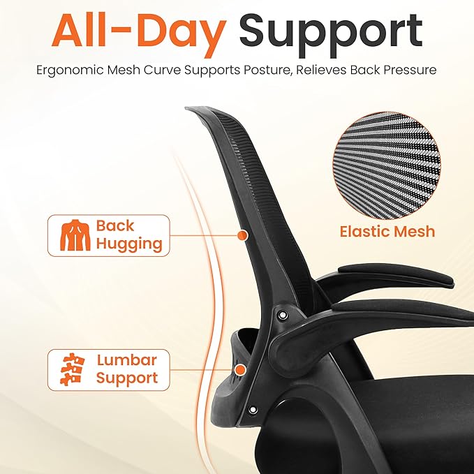 NEO CHAIR Office Computer Chair Ergonomic Mesh Back Flip-Up Arms, Black | Lumbar Support, Smooth-Rolling Casters, Height Adjustable Seat, Comfortable Seating for Office, Study and Computer Work