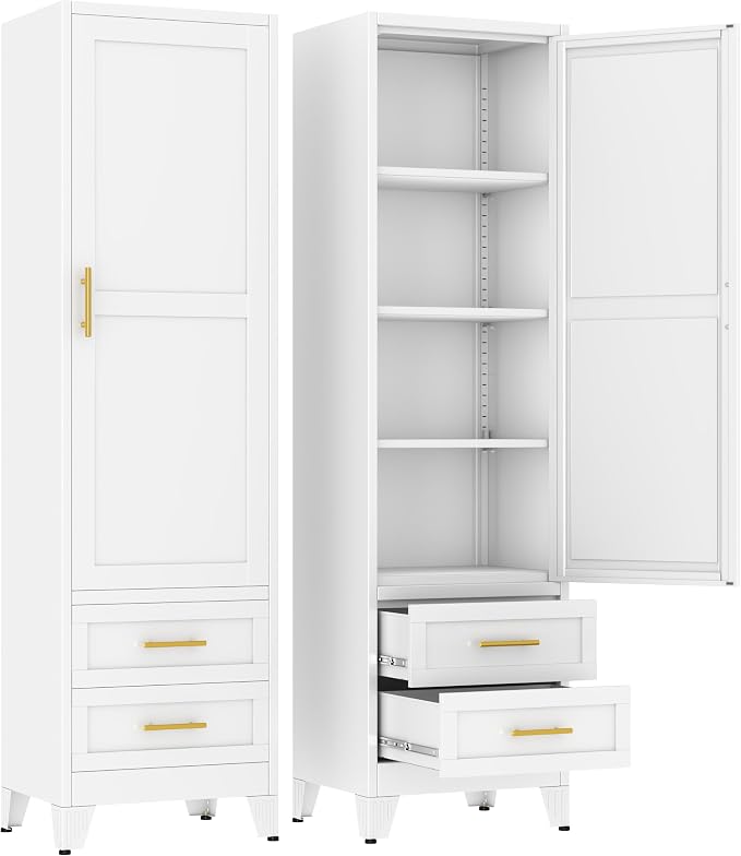 Metal Tall Narrow Storage Cabinet,Freestanding Floor Cabinet with 2 Drawers and 3 Adjustable Shelves,Pantry Storage Cabinets for Bathroom,Living Room,Entryway and Kitchen,White