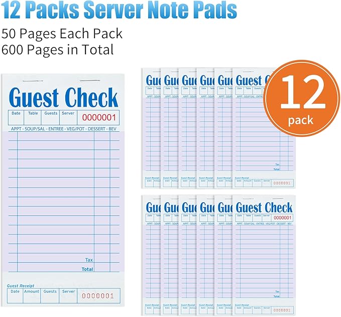 12 Pack Purple Guest Checks Books for Servers Server Note Pads, Waiter Checkbook, Waitress Notepad for Restaurants, Paper Checks 50 Sheets/Pack, 600 Total Tickets