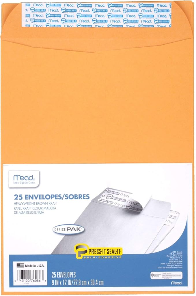 Mead Envelopes, Letter Size 9" x 12", Press-It Seal-It Self Adhesive Closure, Brown Kraft All-Purpose 24-lb Paper, Manila Mailing Envelopes, 25 Count (76086)