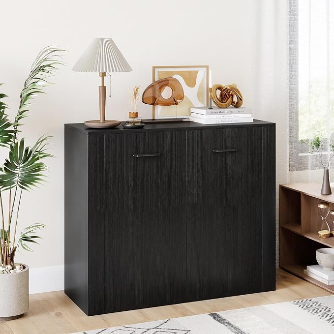 GIANTEX 38" Sideboard Cabinet with 2 Doors & 4 Shelves (Black) | Bathroom Storage Organizer with Anti-Tipping Device, Metal Hinges, Credenza for Living Room, Kitchen, Entryway