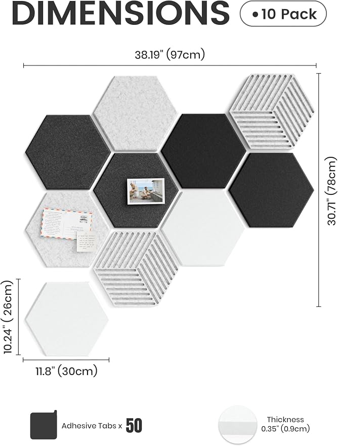 Fluxynara 10-Pack Hexagon Felt Bulletin Board Tiles, Concrete Echo | Cork Board Alternative for Wall Decor and Vision Boards, with 50 Adhesive Tabs for Home, Office, Classroom or Dorm.