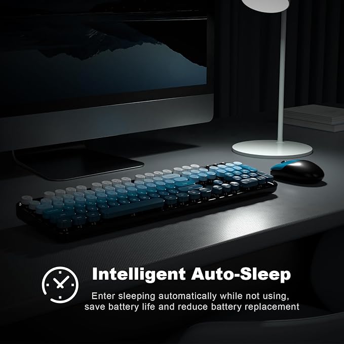 MOFII Wireless Keyboard and Mouse Combo, 2.4GHz Retro Typewriter Keyboard Full Size, Cute Wireless Mice, USB Dongle Plug and Play, for Laptop, PC, Desktop, Windows (Black Blue Gradient Color)