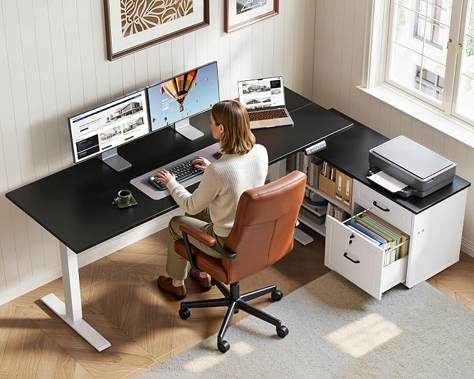 55" L Shaped Electric Standing Desk with Cabinet Sets, Black/White | Mobile Drawers & File Cabinet Sets for Flexible Layout, Height Adjustable Executive Stand Up Desk for Home Office Workstation