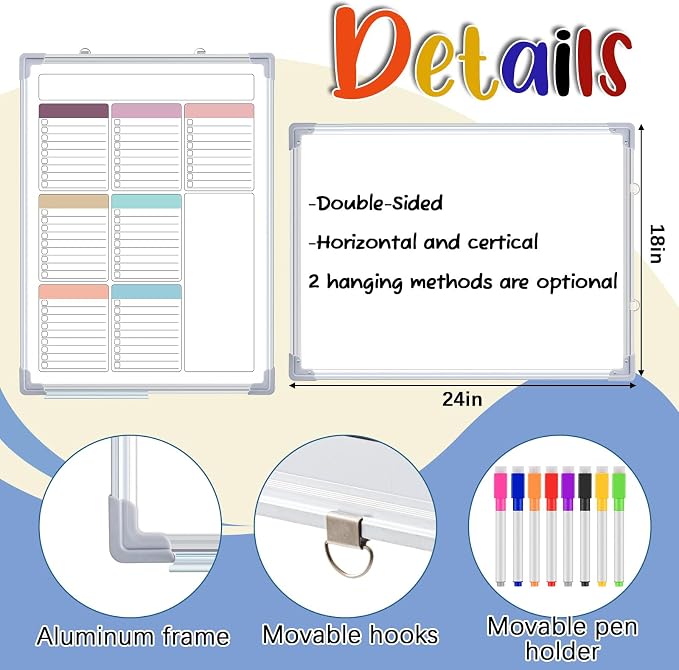24" x 18" Magnetic to Do List Whiteboard, Weekly Planner, Soft | Large Weekly Dry Erase Board, Double-side Wall Whiteboard Calendar for Planning Drawing Memo, School Home Kitchen Office
