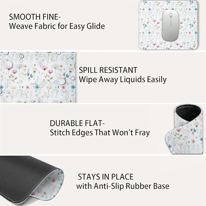 Mouse Pad for Desk with Stitched Edge, Premium Cute Washable Mouse Pads. Computer Mousepad with Non-Slip Rubber Base, Mousepads for Laptop, 9.25x7.75x0.12 inch (Soft Meadow)