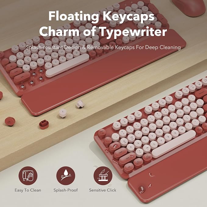 Wireless Keyboard and Mouse Combo, Wine Red Retro Typewriter Style Keyboard with Round Keycaps and Magnetic Wrist Rest, 2.4GHz Wireless for Mac, Windows PC, Laptop, Home Office, School, SABLUTE CK23 | Full-Size Retro Typewriter-Style Keyboard, Tilt Leg...