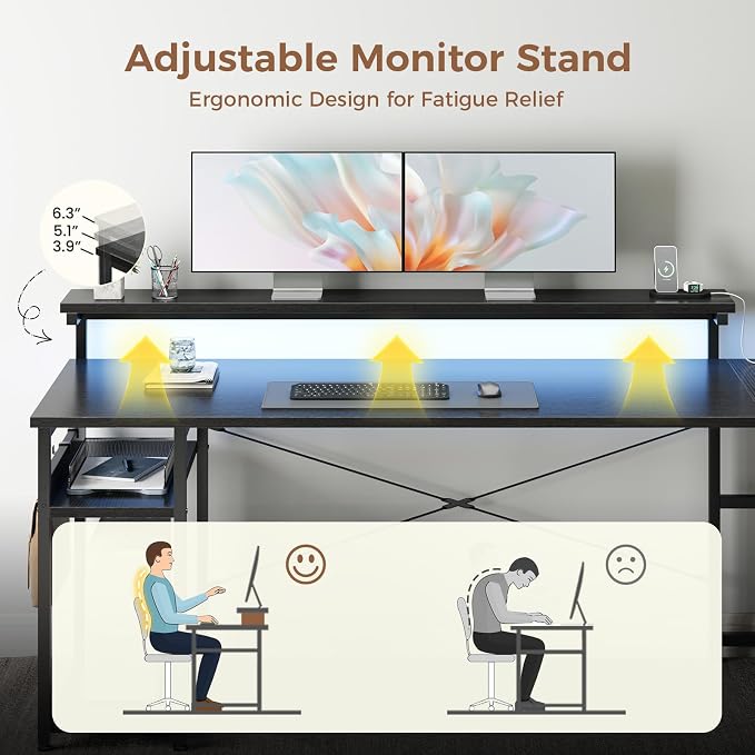 AODK 69" L Shaped Computer Desk with 4 Drawers, LED Lights, Black | Power Outlets, Adjustable Monitor Stand, Open Storage Shelves, Reversible Layout for Gaming and Home Office