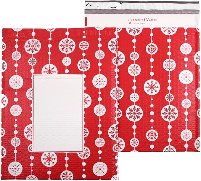 Bubble Mailers 12x15" - Red Snowflake Baubles (Writable Area) - 10 Pack - Large Padded Envelopes 12x15 - Poly Bubble Mailers Padded Mailers - Holiday Bubble Envelopes